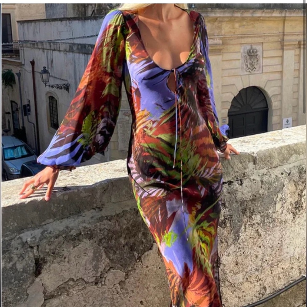 Tropical Long Sleeve Maxi Dress